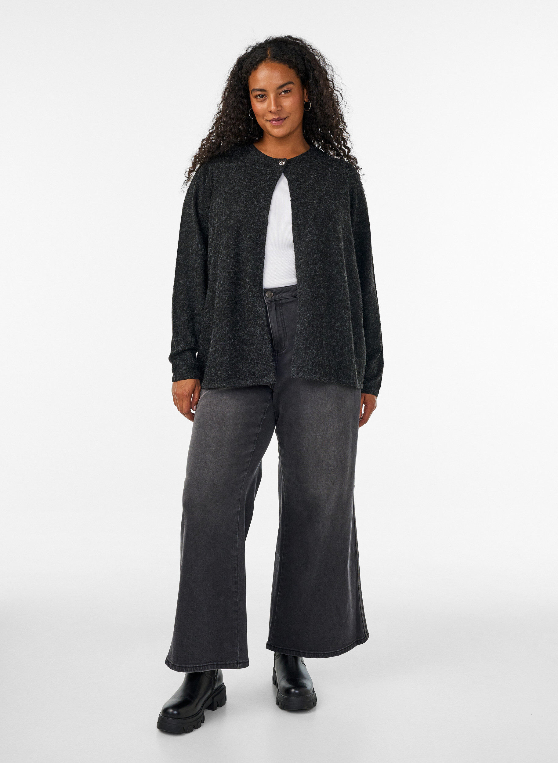 ZizziStrikket cardigan med rund hals og knappelukking, Gr&aring;, Model image number 1