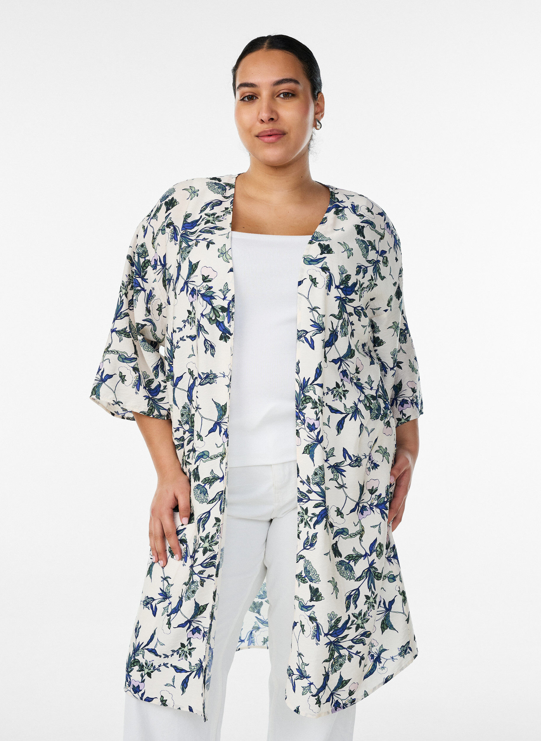 Kimono i viskose med 3/4 ermer, Bl&aring;, Model