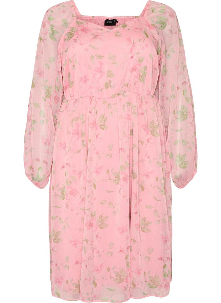 Chiffon festkjole med lange ermer, Rosa, Packshot image number 0