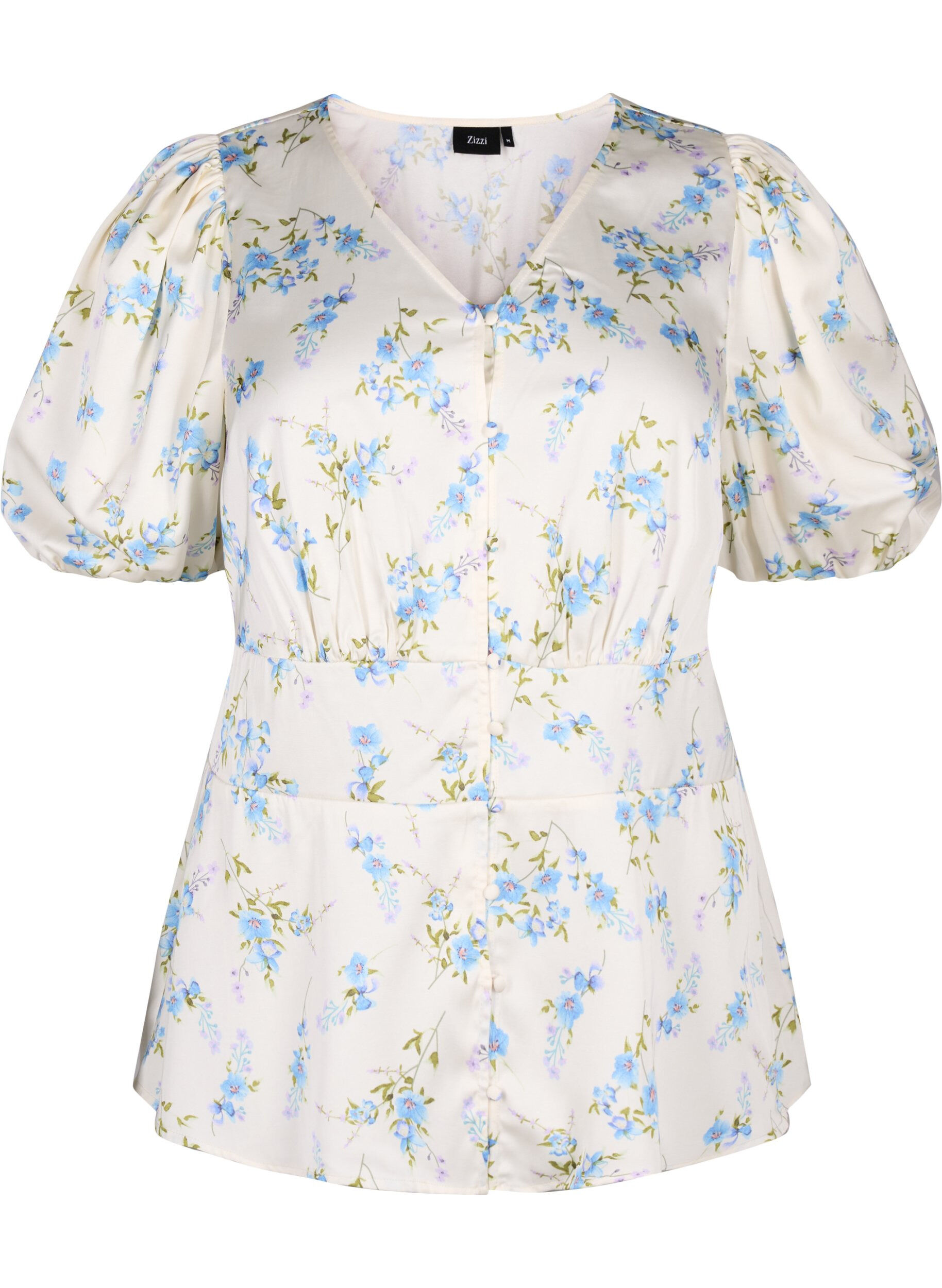 Zizzi Blomstret satengbluse med puffermer, Off White Blue Fl., Packshot image number 0