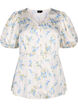 Blomstret satengbluse med puffermer, Off White Blue Fl., Packshot image number 0