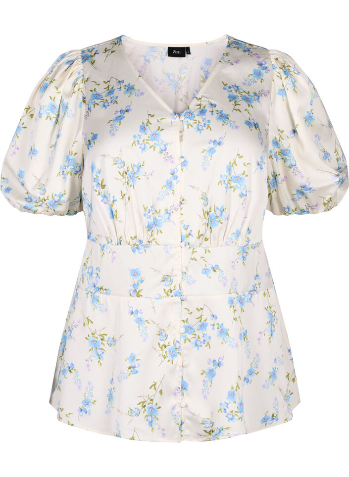 Blomstret satengbluse med puffermer, Off White Blue Fl., Packshot image number 0