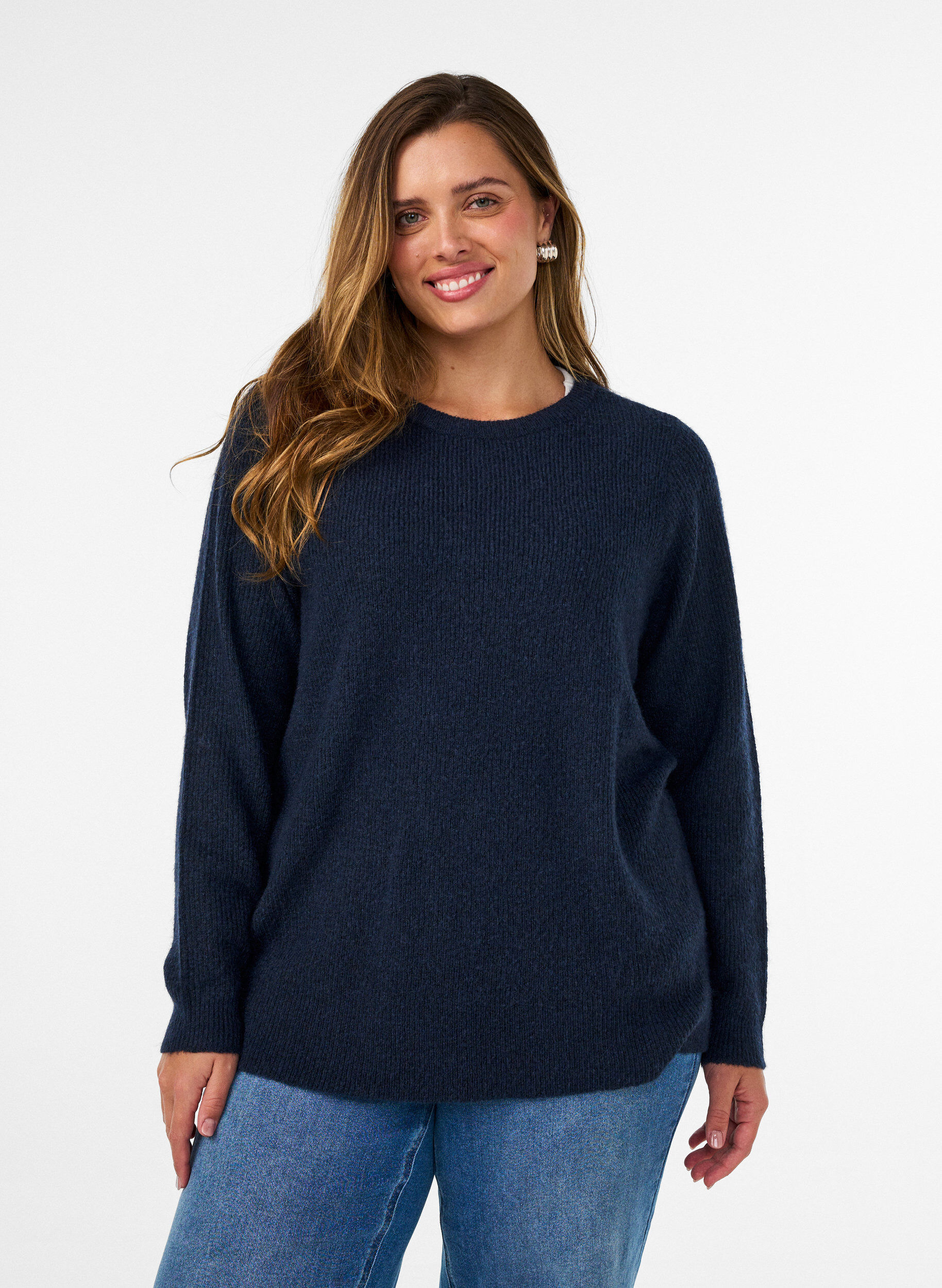 ZizziMelert strikkebluse med rund hals, Bl&aring;, Model image number 0
