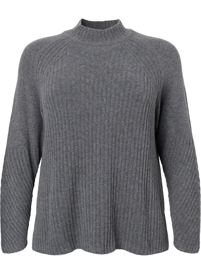 Genser med turtleneck og ribbestrikket struktur	, Dark Grey Melange, Packshot image number 0