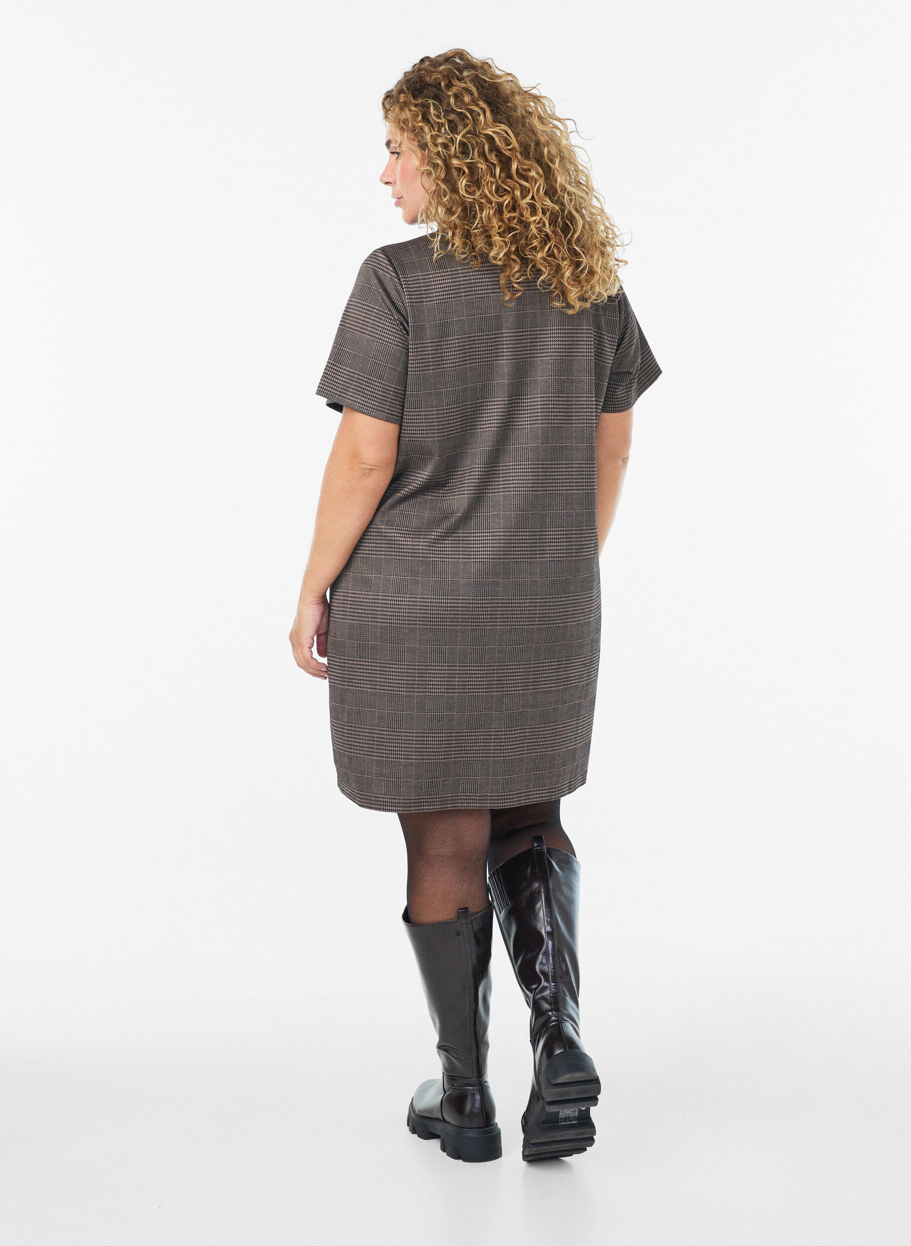 ZizziKort rutete kjole med skjortekrage, Brun, Model image number 2
