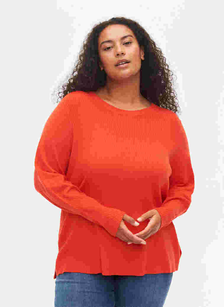 Strikkegenser med ribbet struktur, Fiery Red Mel., Model