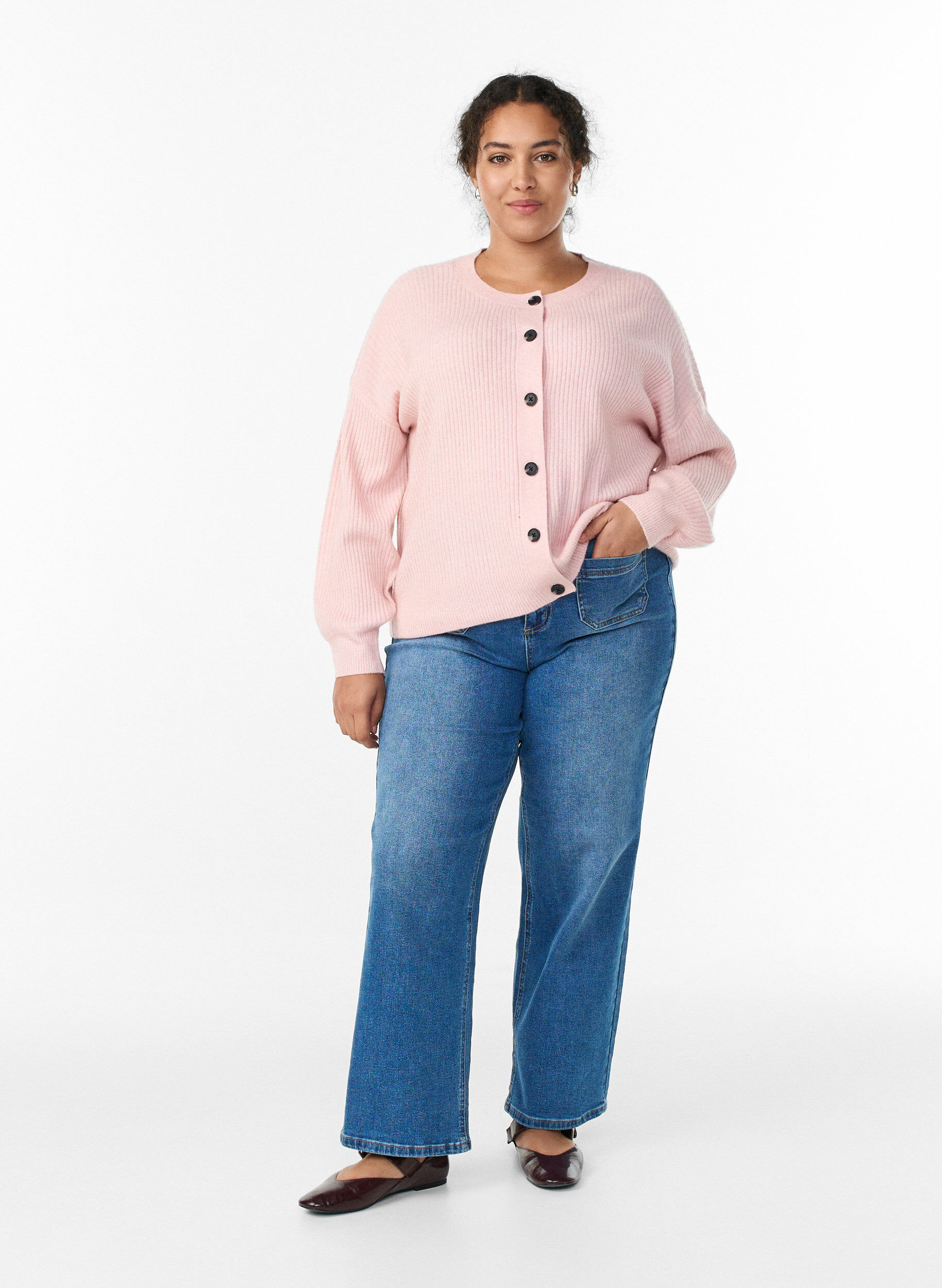 ZizziRibbestrikket cardigan med knapper, Rosa, Model image number 1