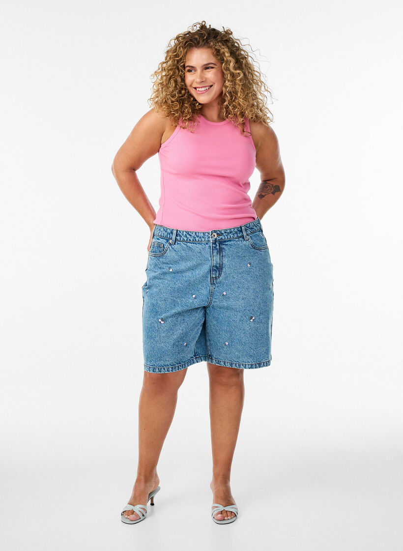 Ribbet topp i bomull med h&oslash;y hals, Rosa, Model image number 1