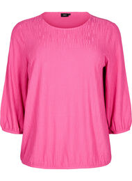 Bluse med tekstur og 3/4 ermer, Raspberry Rose