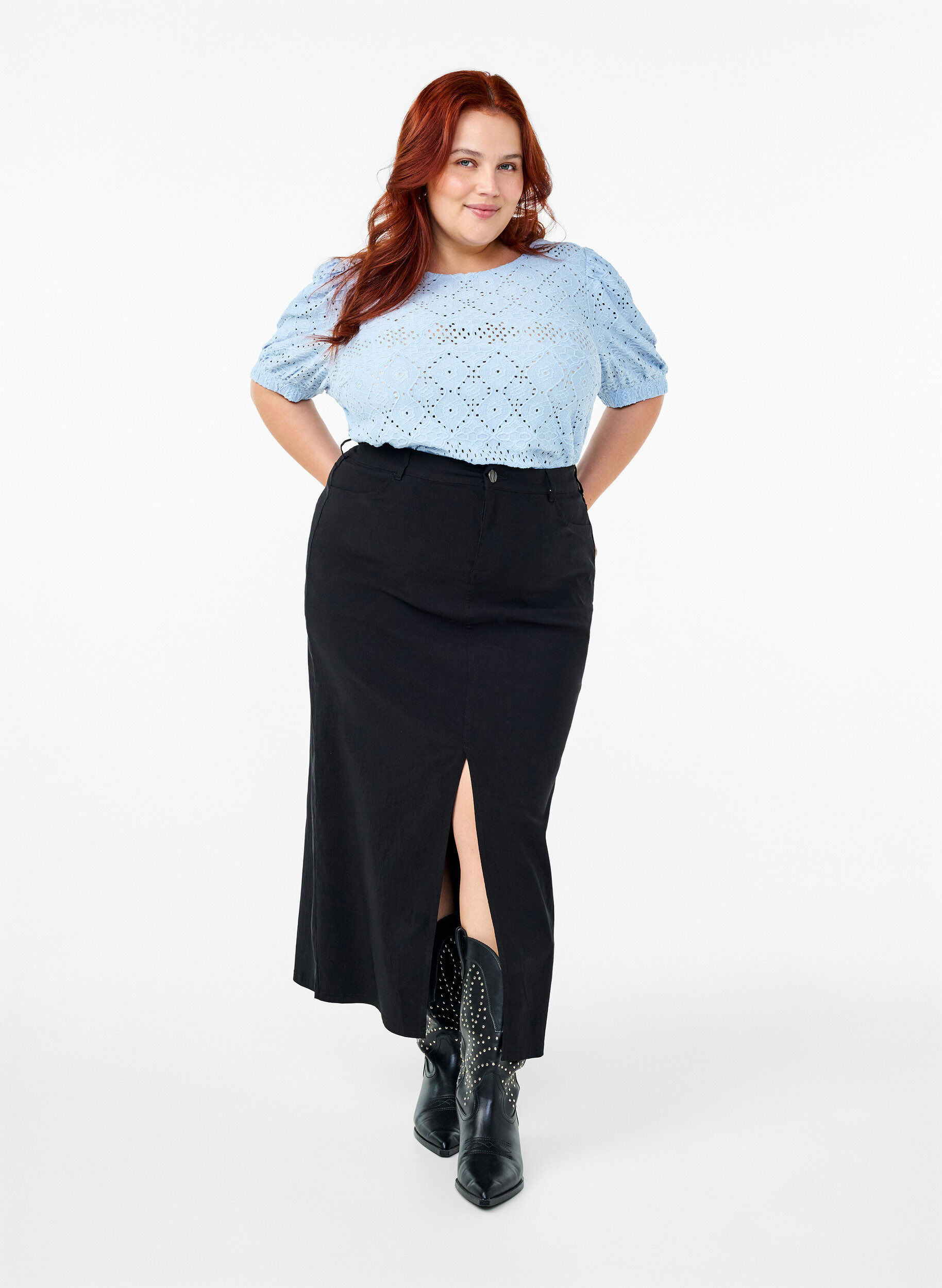 ZizziKortermet bluse med blondem&oslash;nster, Cashmere Blue, Model image number 2