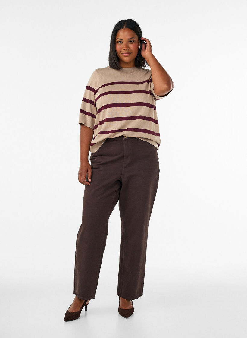Stripete strikketopp med korte ermer, Beige, Model image number 1