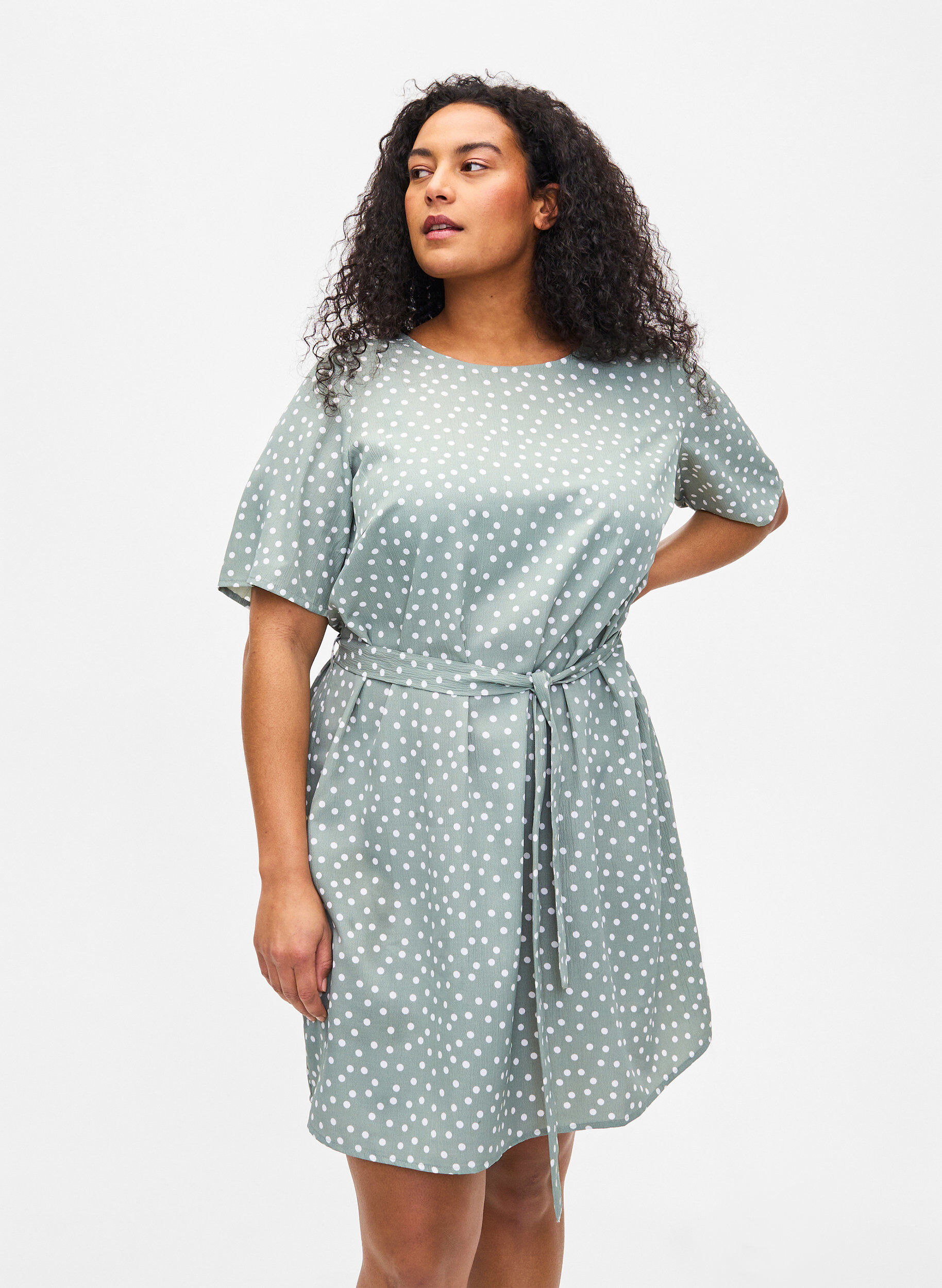 Zizzi FLASH - Kortermet kjole med belte, Iceberg Green Dot, Model image number 0
