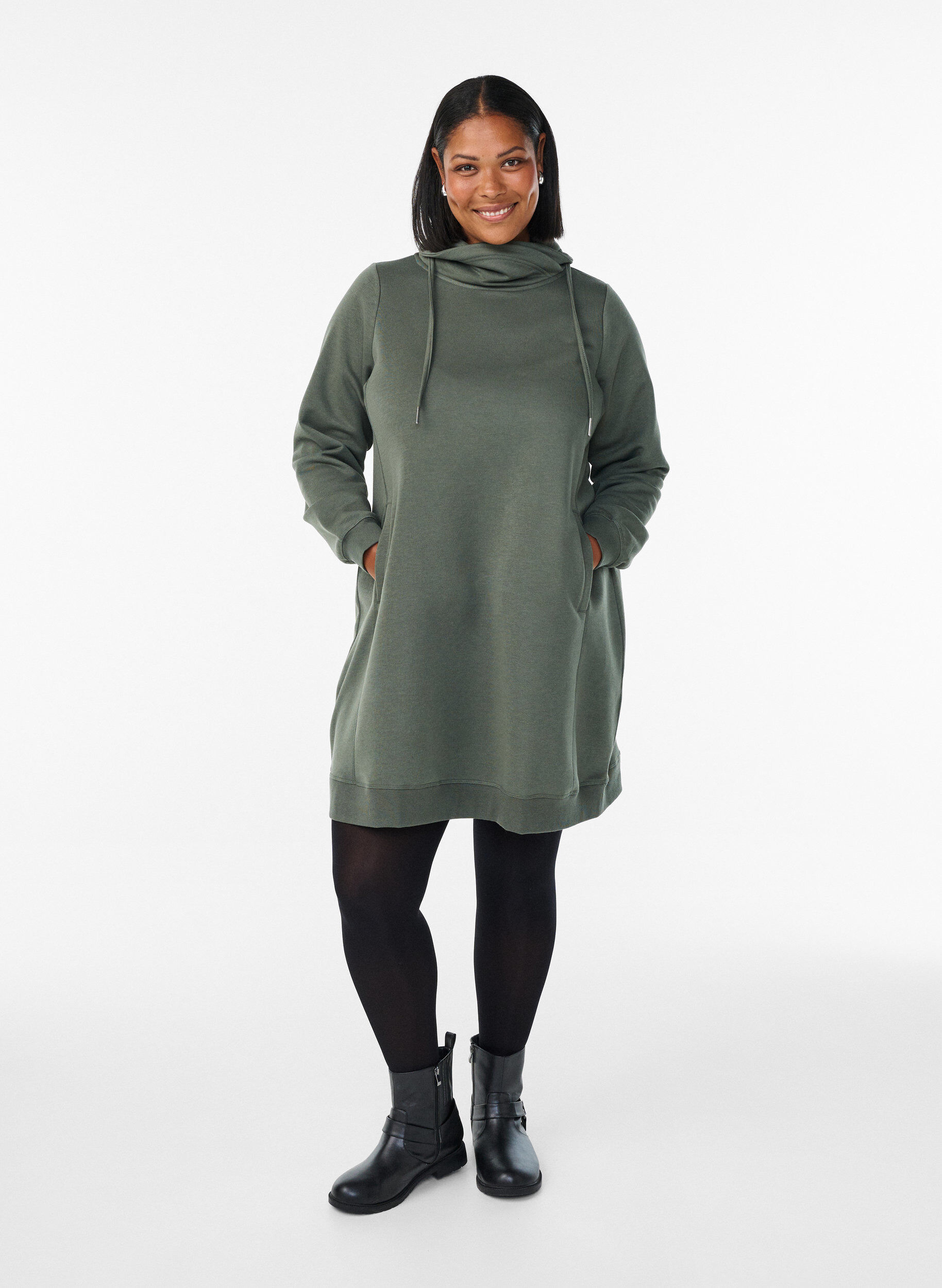 ZizziKort genserkjole med h&oslash;y hals og lommer, Gr&oslash;nn, Model image number 1