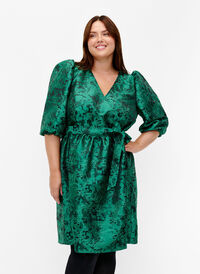 Kort omslagskjole med 3/4 ermer, Green , Model