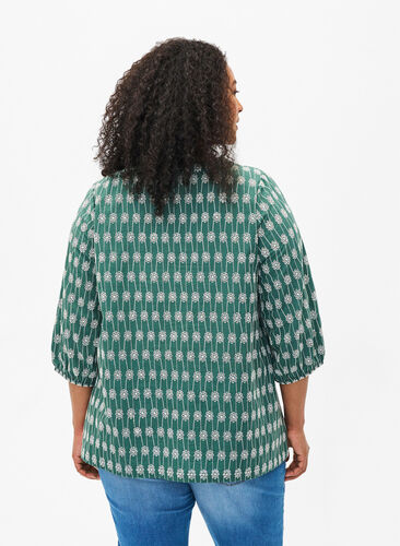 Zizzi Bomullsskjortebluse med blomstermønster, Dark Forest, Model image number 1