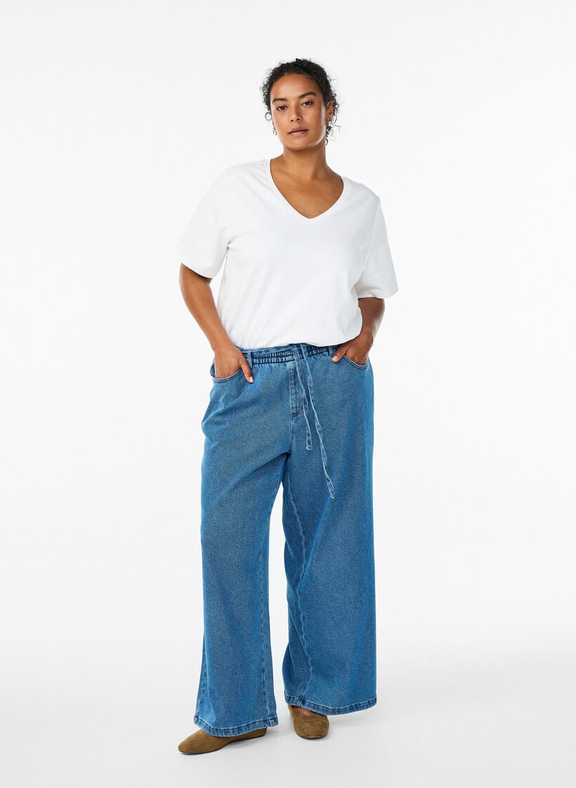 Loose fit-jeans med elastisk linning og snøring, Blue Denim, Model