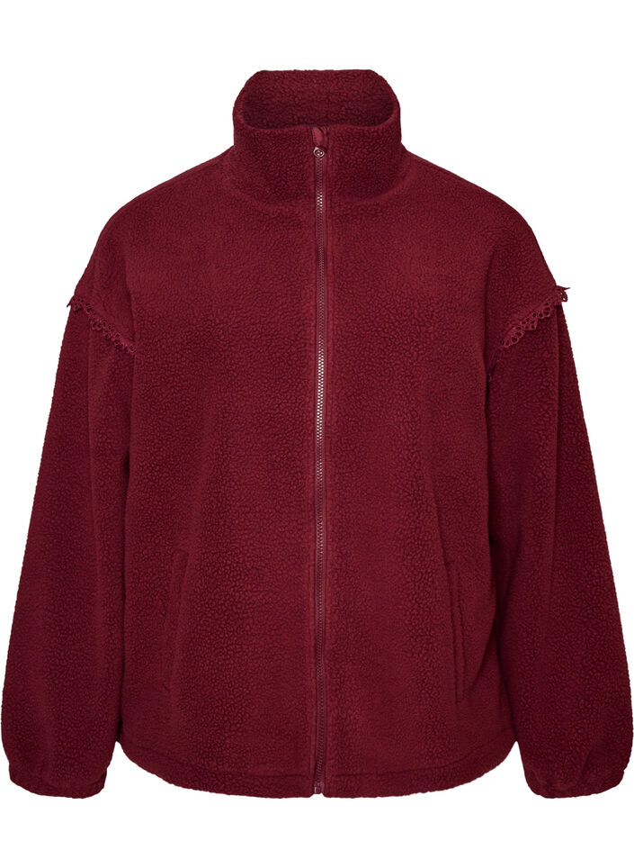 Teddyjakke med brodert kant i hullm&oslash;nster og h&oslash;y hals, R&oslash;d, Packshot image number 0