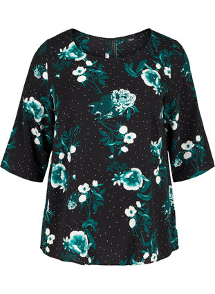 Mønstrete bluse med blonderygg og 3/4-ermer, Black/Flower Dot, Packshot image number 0