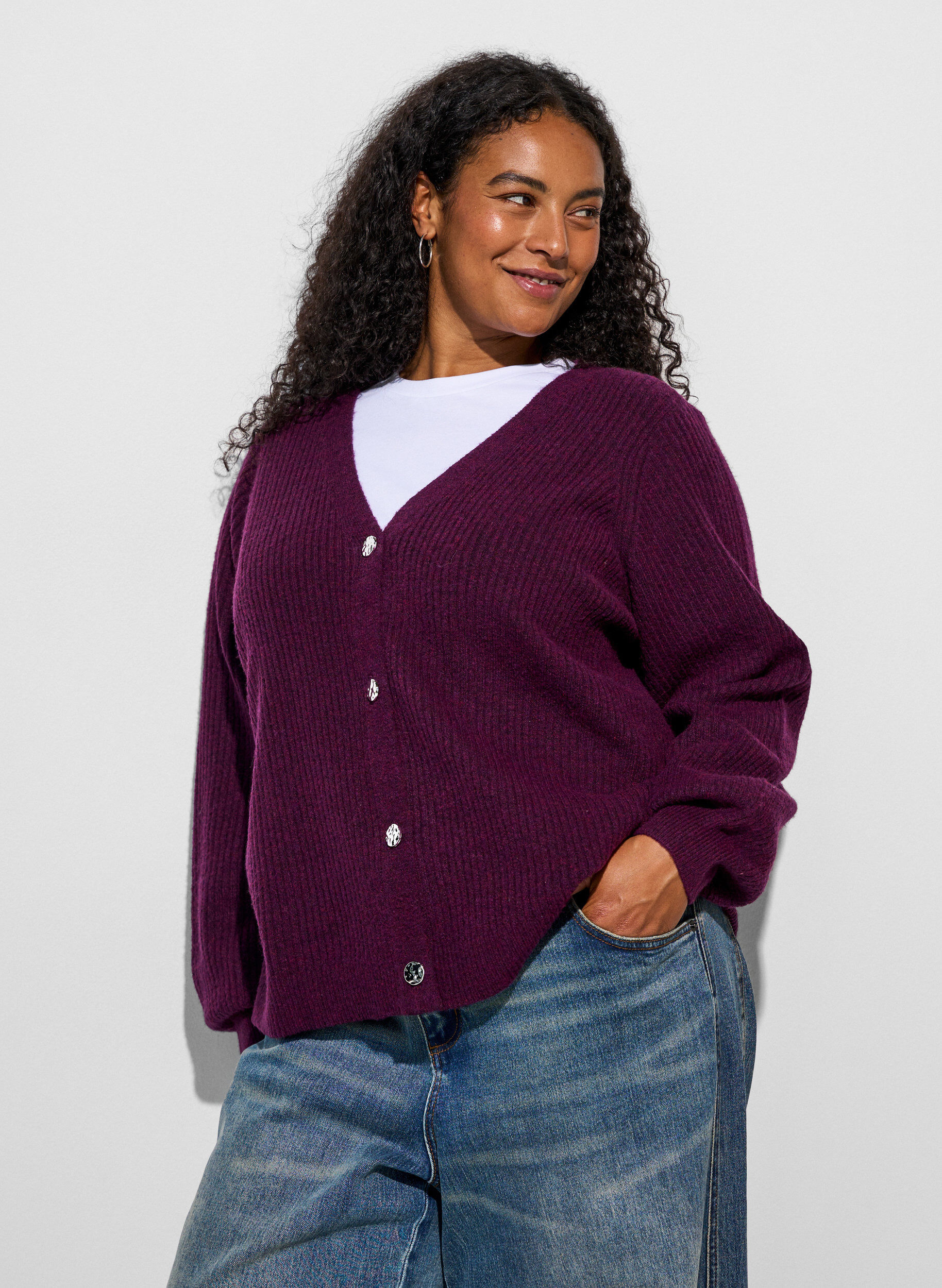 ZizziCardigan med V-hals og ribbestruktur, Lilla, Model image number 3