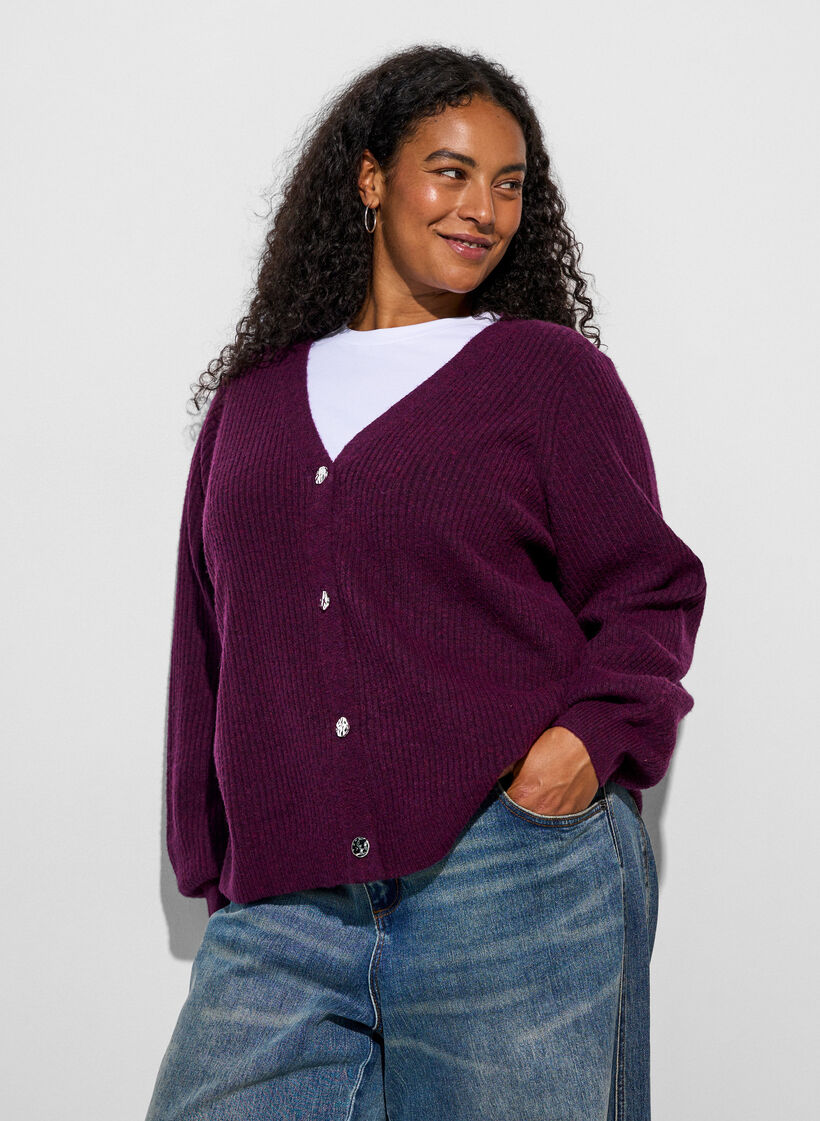 Cardigan med V-hals og ribbestruktur, Lilla, Model image number 3