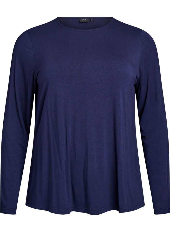 Ensfarvet bluse med lange ermer, Bl&aring;, Packshot image number 0