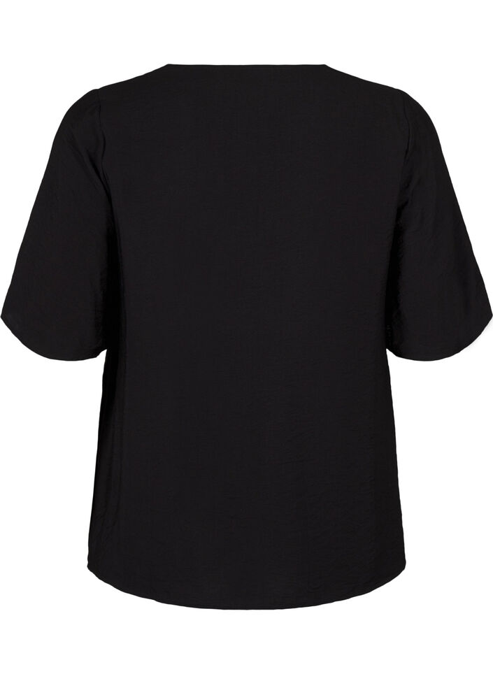 Viskosebluse med V-hals og broderidetaljer, Svart, Packshot image number 1