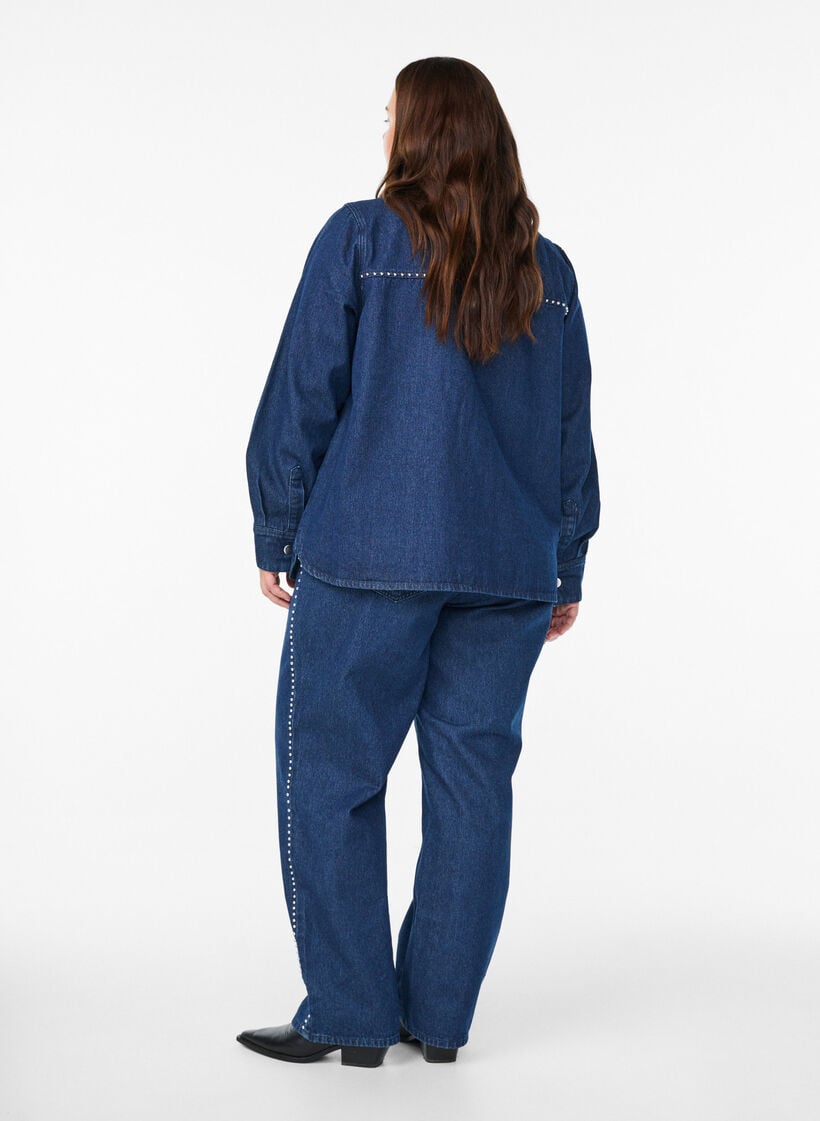 Jeans med vide ben og nagler med høy midje, Blå, Model image number 1