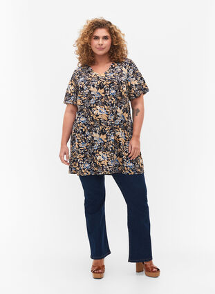 FLASH- tunika med V-hals og mønster, Brown Blue Flower, Model image number 2