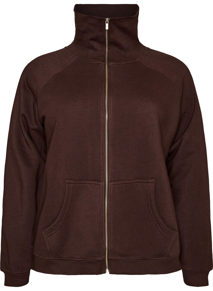 Sweat cardigan med h&oslash;y krage og glidel&aring;s, Brun, Packshot image number 0