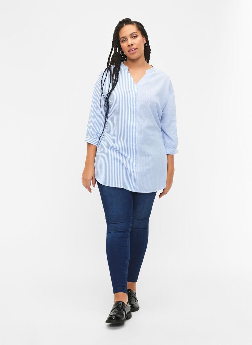 Rutete tunika med 3/4 ermer, Blå, Model image number 1