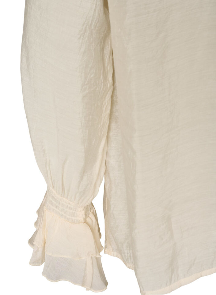 Viskosebluse med volanger og lange ermer, Vanilje, Packshot image number 3