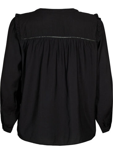 Skjortebluse med volanger og folder, Black, Packshot image number 1