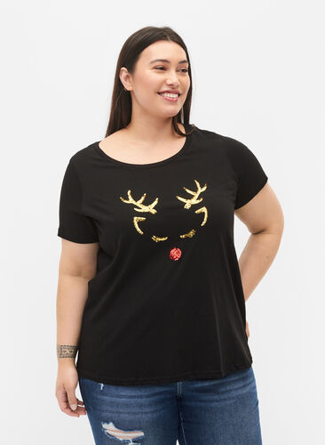 T-skjorte med julemotiv i bomull, Black Reindeer, Model image number 0