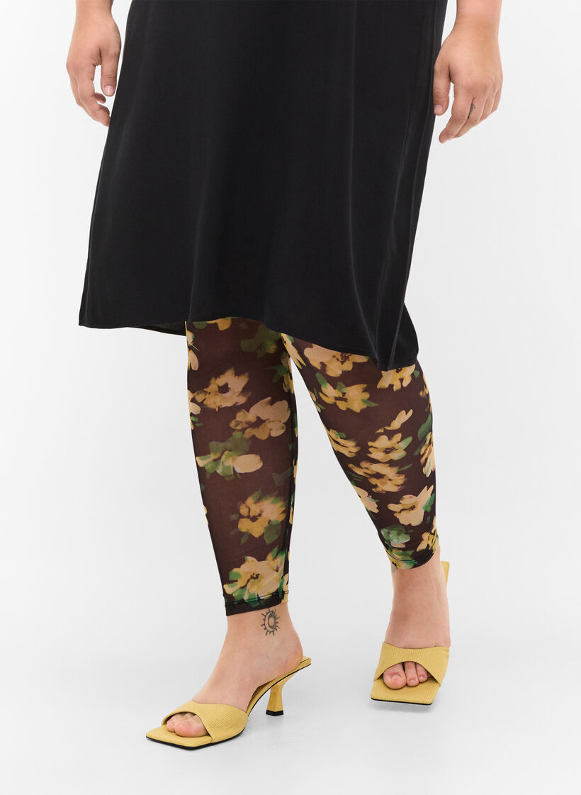 Leggings med mesh og blomstermønster, Yellow Green AOP, Model image number 2