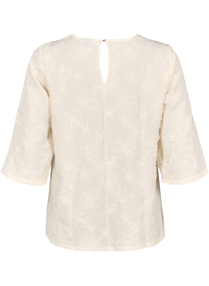 Bluse med 3/4-ermer og 3D-blomster, Warm Off-white, Packshot image number 1