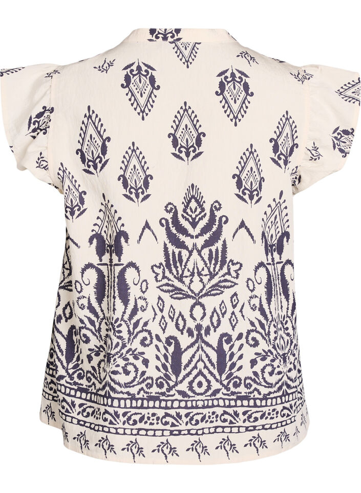 Ermeløs bluse med volanger og trykk, Birch Black AOP, Packshot