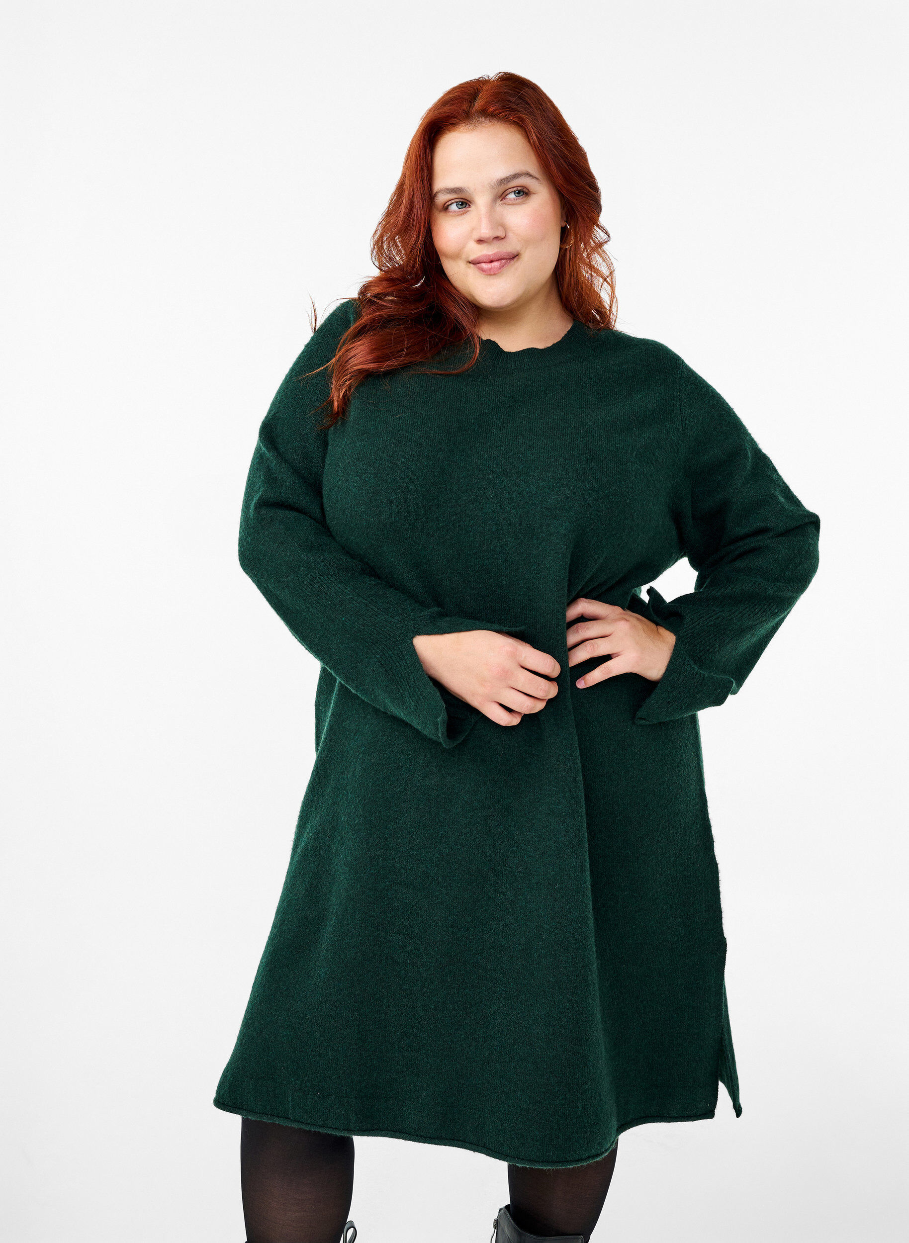 Zizzi Strikket kjole med rund hals og splitt, Scarab Mel., Model image number 0