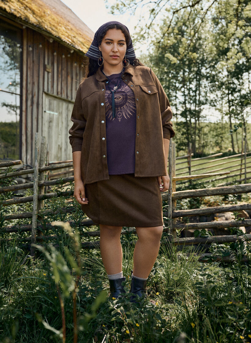 Kort A-linjeskjørt i imitert semsket skinn, Brown Fake Suede , Image