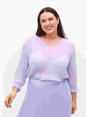 Bluse med plissé og 3/4-ermer, Lavender, Model image number 0