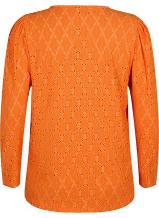 Bluse med V-hals og hullmønster, Carrot, Packshot image number 1