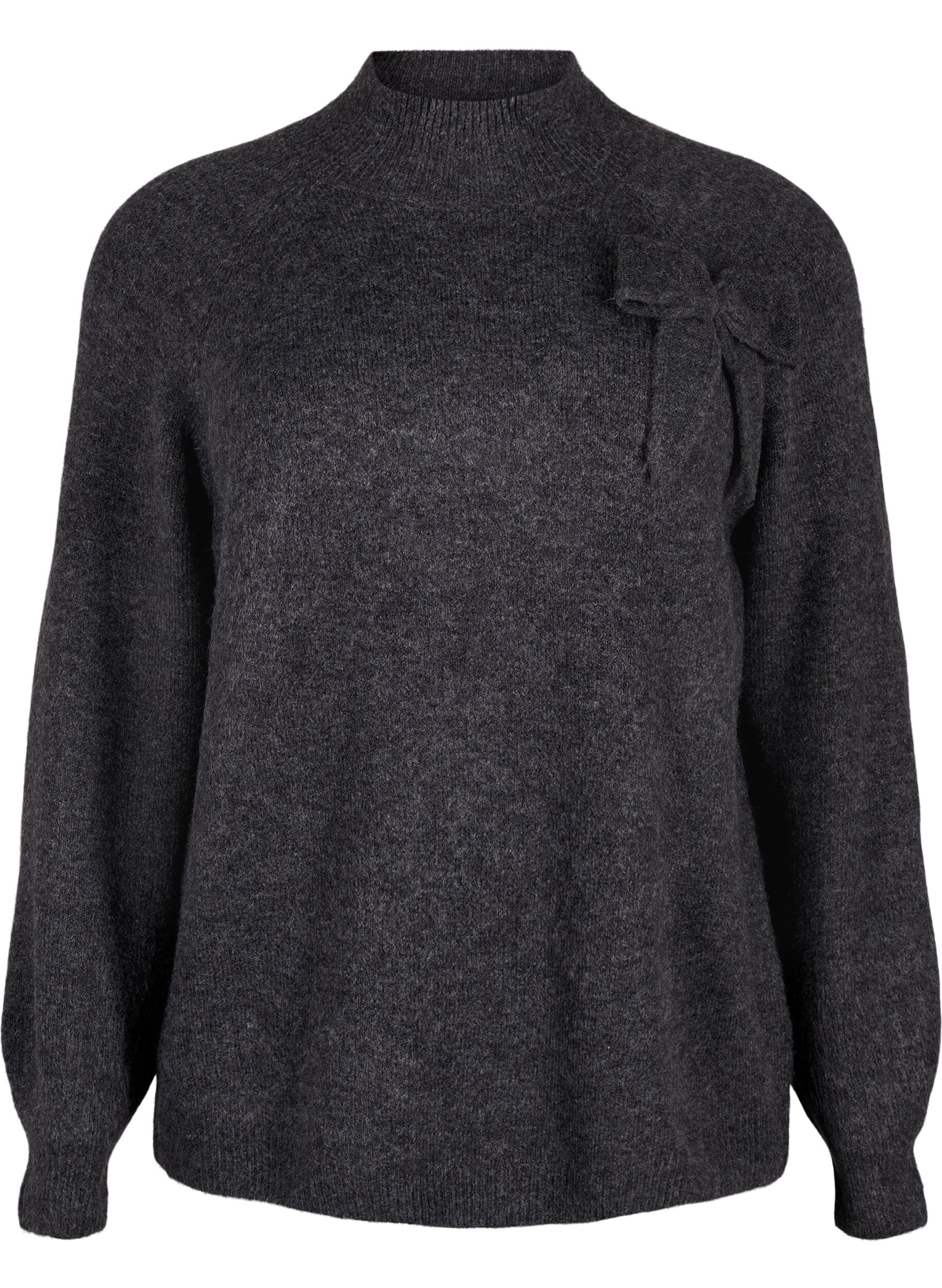 Zizzi Strikket bluse med sl&oslash;yfedetaljer, Dark Grey White Mel., Packshot image number 0