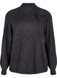 Strikket bluse med sløyfedetaljer, Dark Grey White Mel. Strikket bluse med sløyfedetaljer