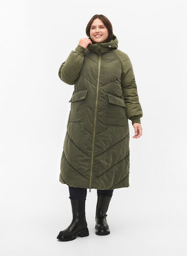 Lang fargeblokket vinterjakke med hette, Forest Night Comb, Model image number 3