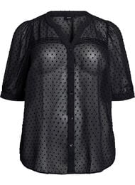Kortermet skjortebluse med prikket tekstur, Black