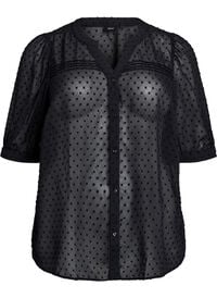 Kortermet skjortebluse med prikket tekstur, Svart Kortermet skjortebluse med prikket tekstur
