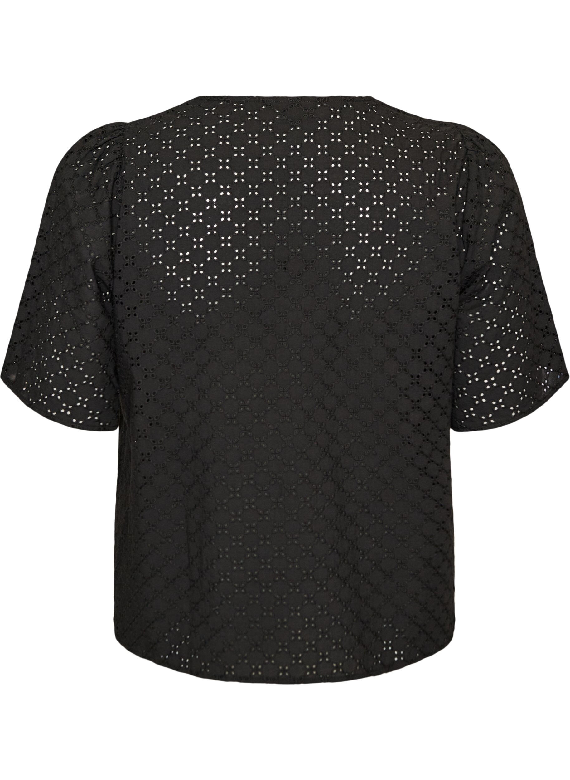 ZizziBluse i broderie anglaise med knappelukking, Svart, Packshot image number 1