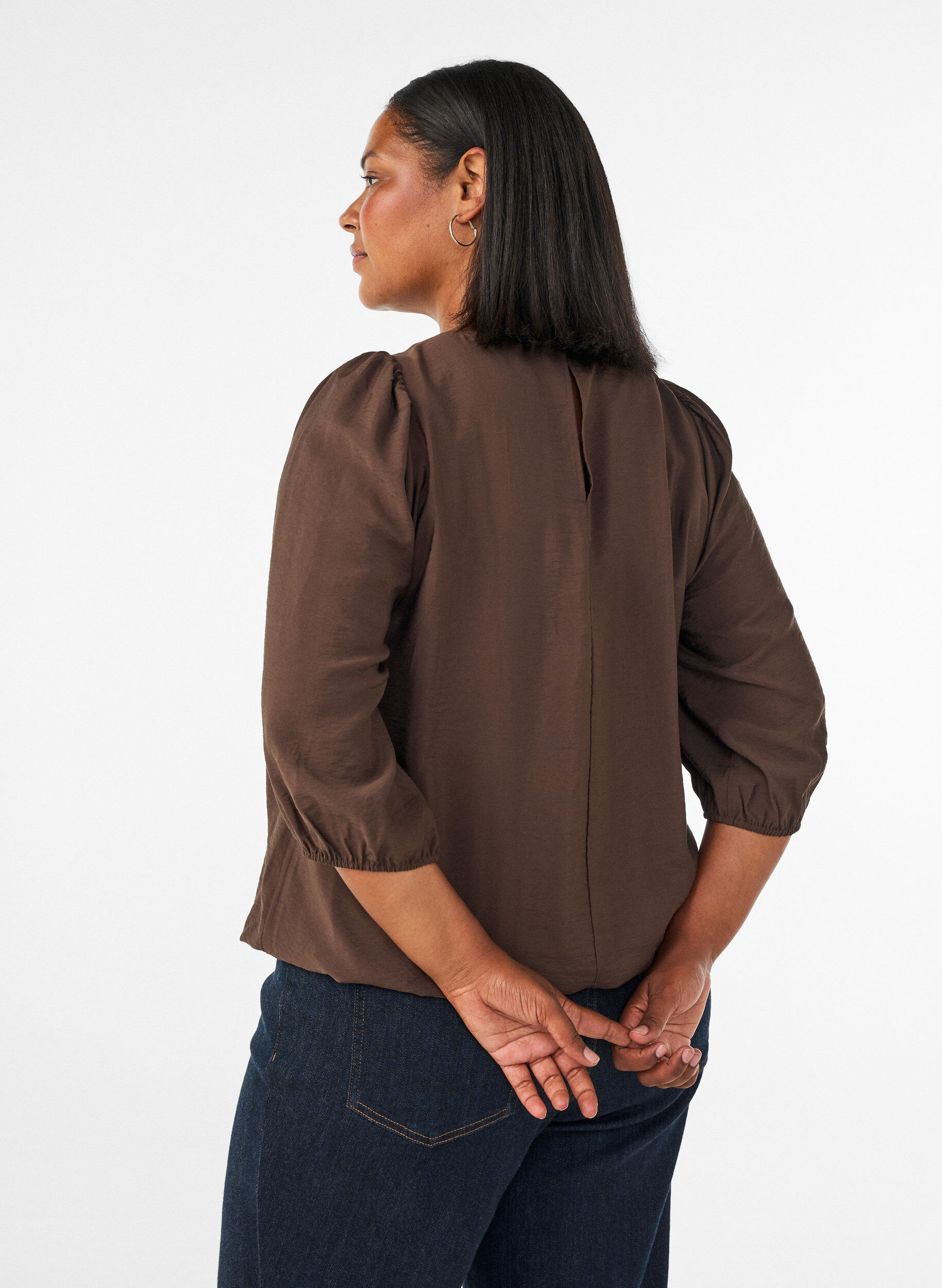 ZizziBluse med 3/4 ermer og blondedetaljer, Brun, Model image number 2