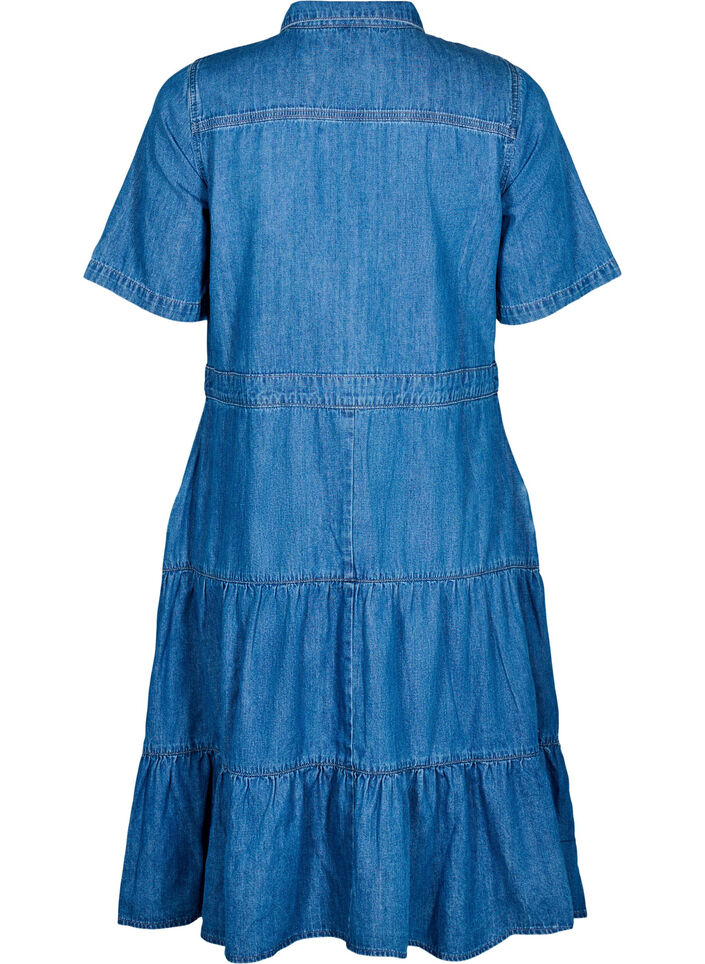 Midikjole i denim med knapper og korte ermer, Blue Denim, Packshot