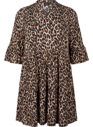 Zizzi Kort A-linje kjole med leopardmønster, Brun, Packshot image number 0