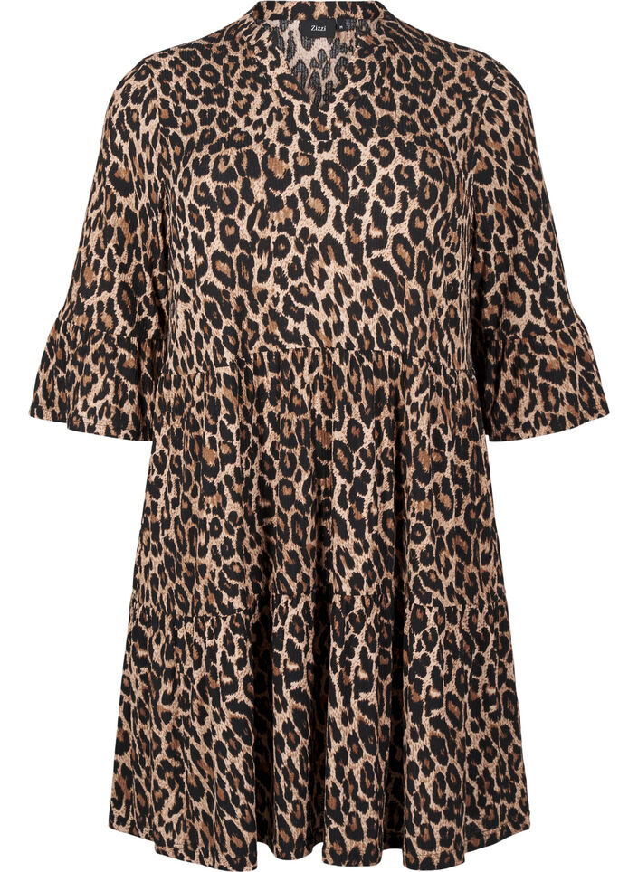 Kort A-linje kjole med leopardmønster, Brun, Packshot image number 0